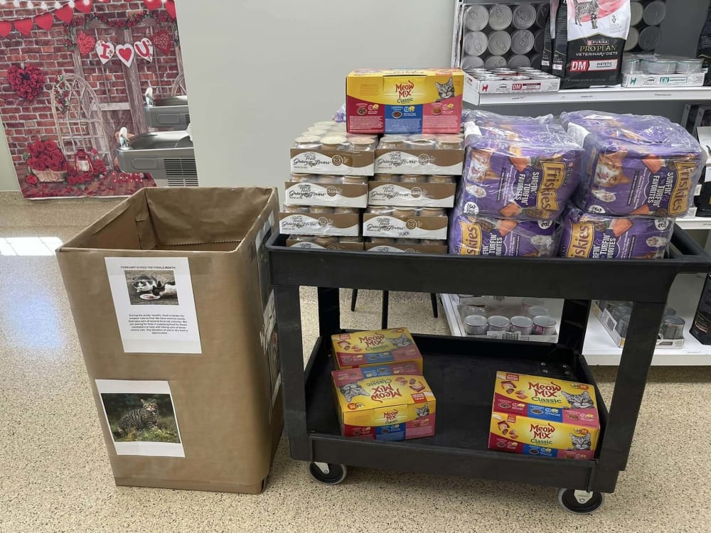 Food donation bin next to cart filled with cat food and supplies.